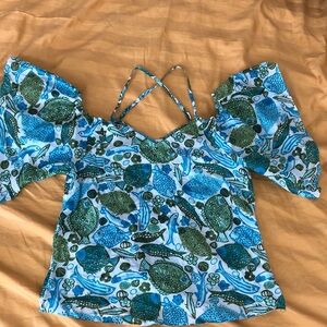 Women's Blue & Green Fish-Print Off-Shoulder Blouse